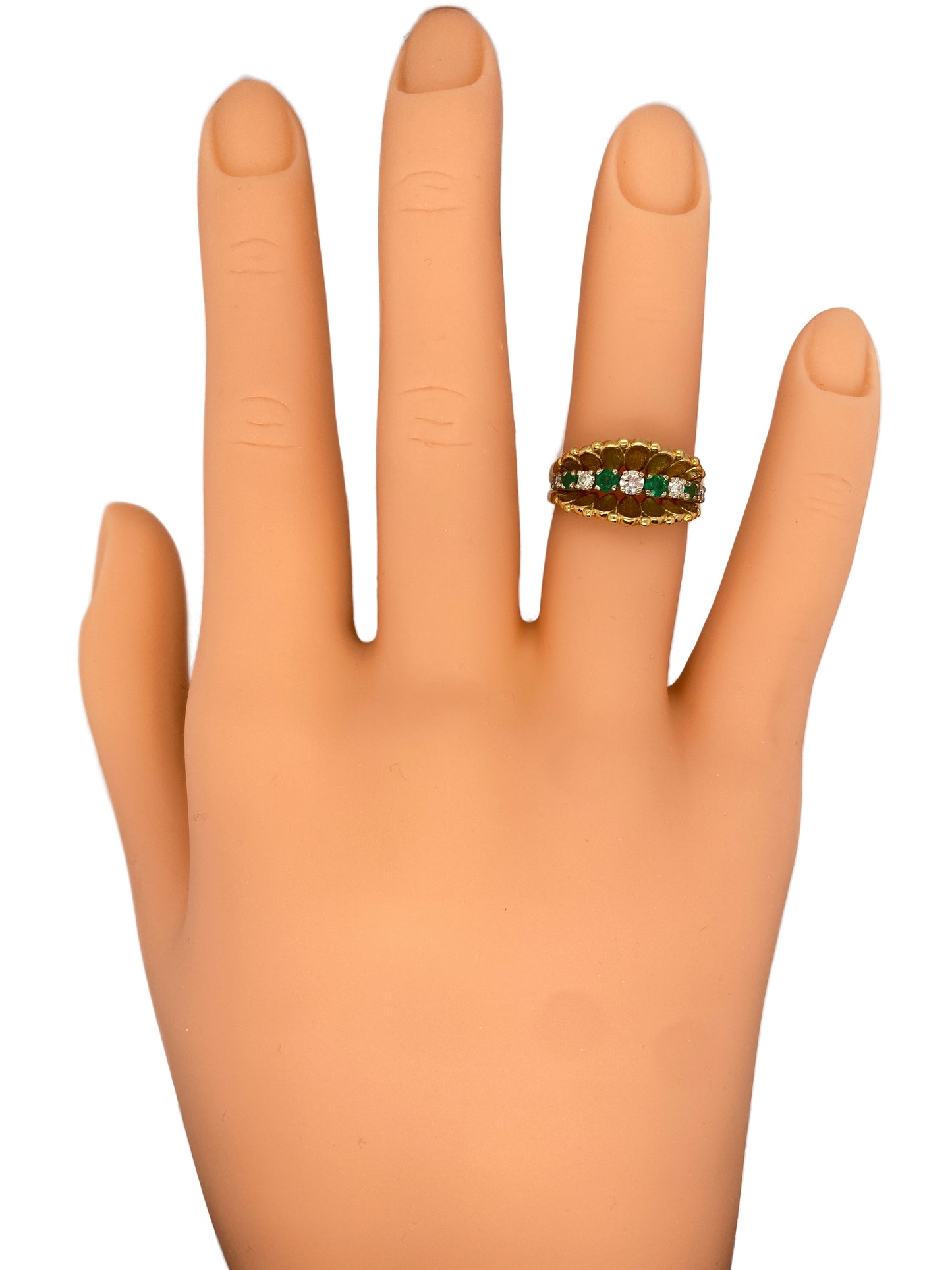 Circa 1980s Emerald and Diamond Scalloped Motif Ring in 18K Gold