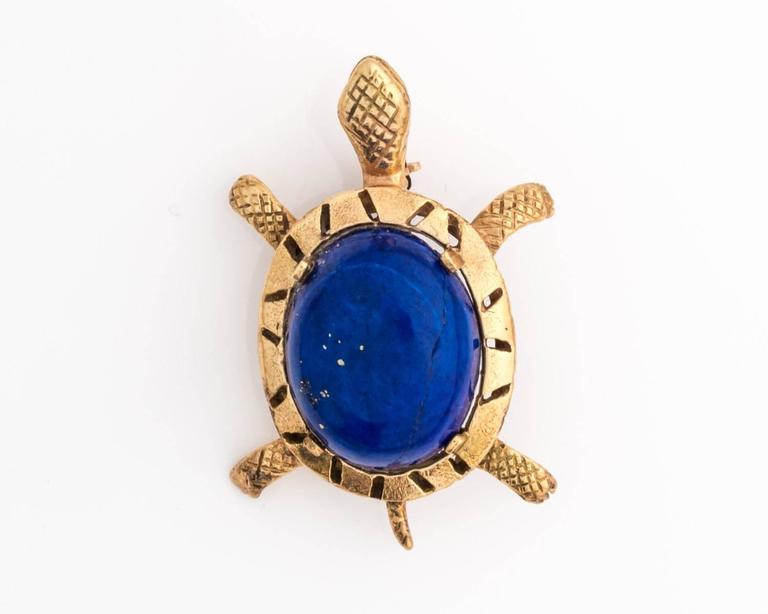 1970s 14K Yellow Gold, Lapis Lazuli Sea Turtle Pin